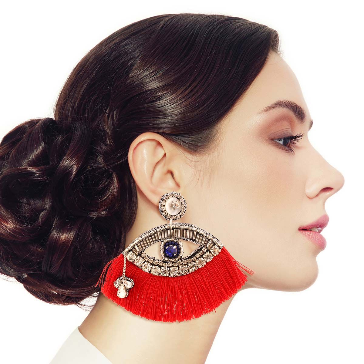 Red Tassel Rhinestone Eye Earrings