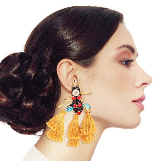 Rhinestone and Tassel Mustard Bee Earrings