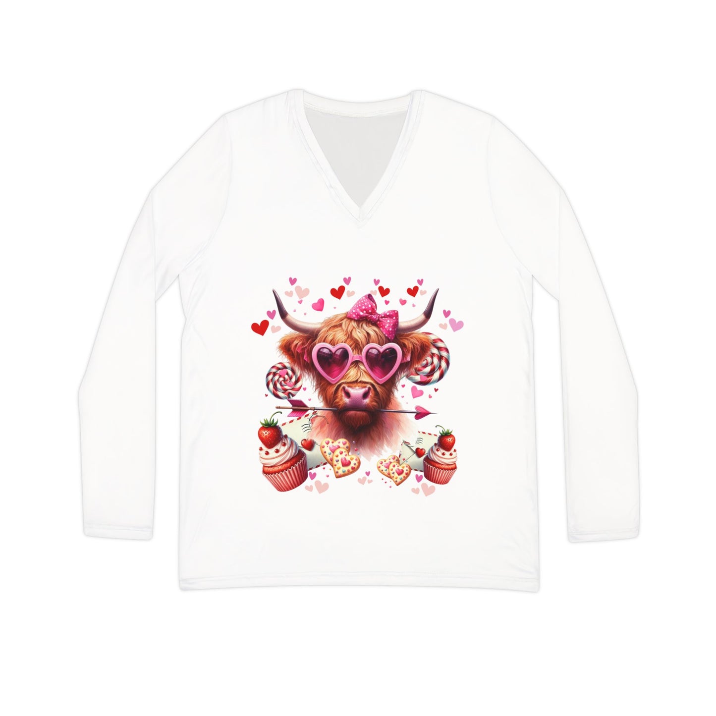 Valentine's Day Love Highland Cow Long Sleeve V-Neck Shirt