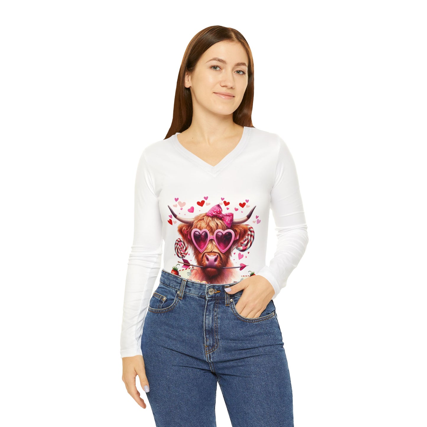 Valentine's Day Love Highland Cow Long Sleeve V-Neck Shirt