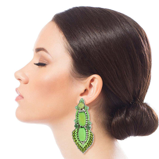 Green Bead and Stone Embroidered Earrings