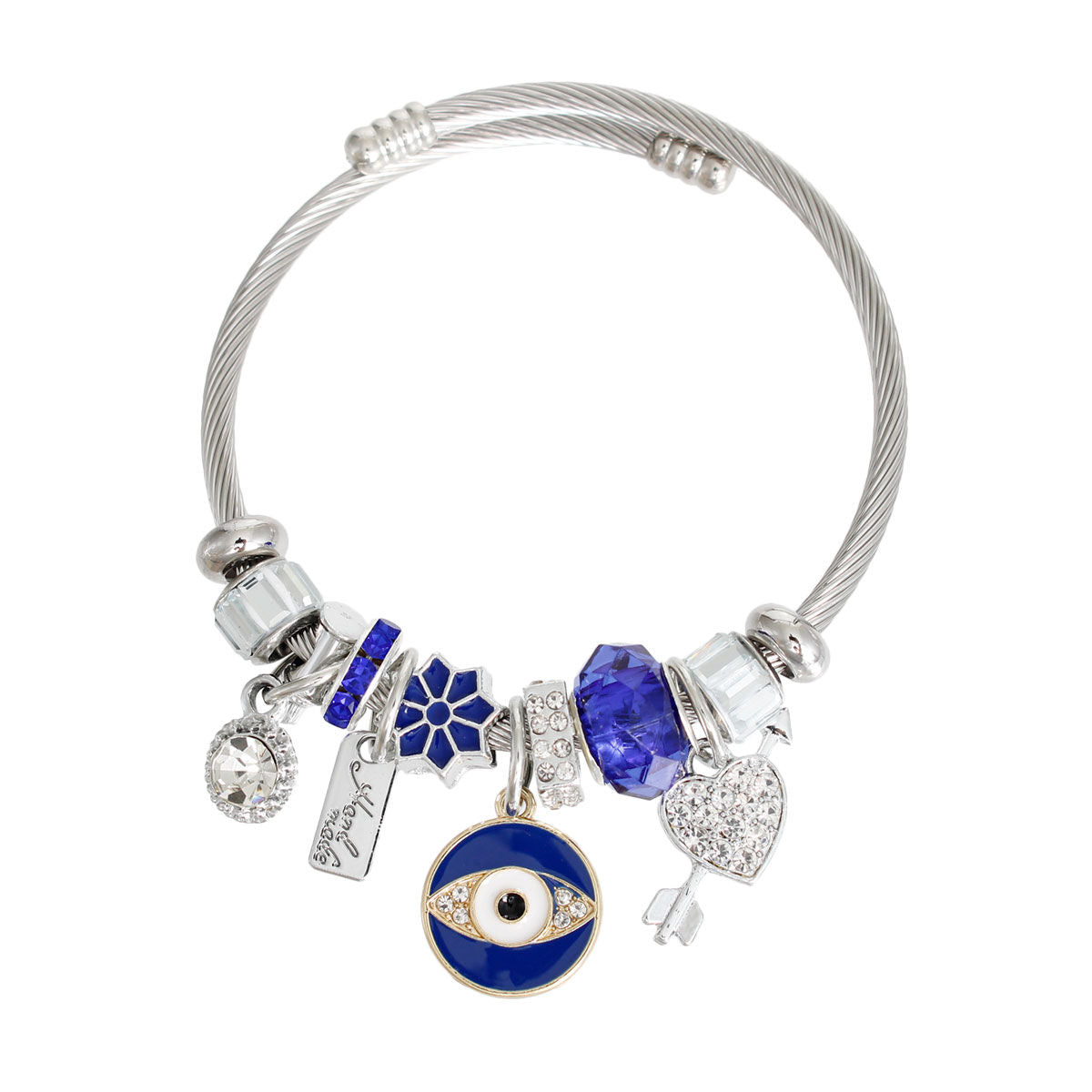 Silver Blue Evil Eye Cable Bangle