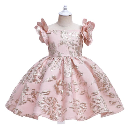 Jacquard Embroidered Shoulder Flowers Retro European And American Girls Children's Dresses