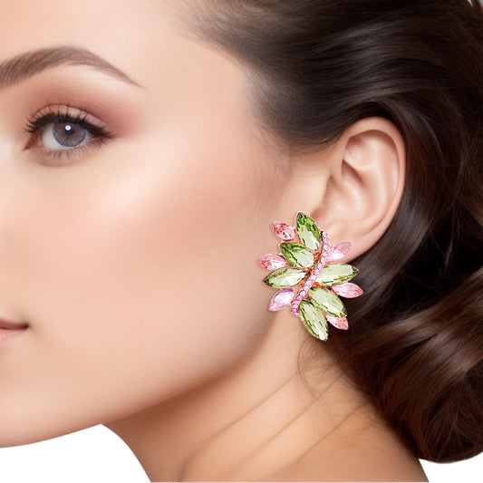 Clip On Pink Green Marquise Cluster Earrings Women