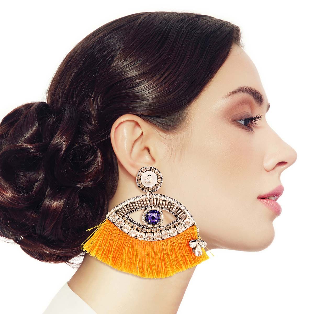 Yellow Tassel Rhinestone Eye Earrings