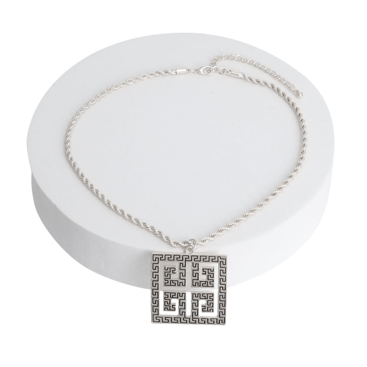 Silver Square Greek Key Pendant Necklace