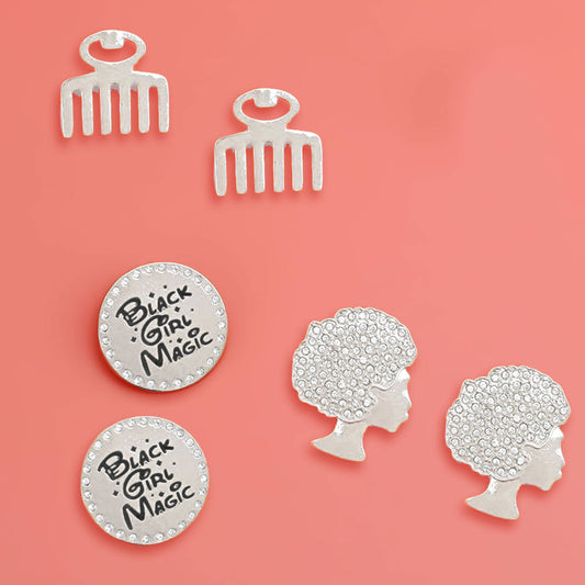 Silver 3 Pcs Black Girl Magic Studs