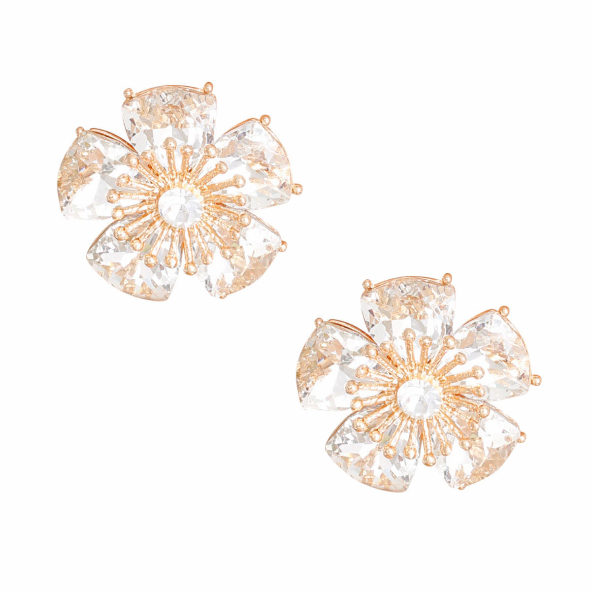 Clip On Gold Medium Crystal Flower Earrings Women